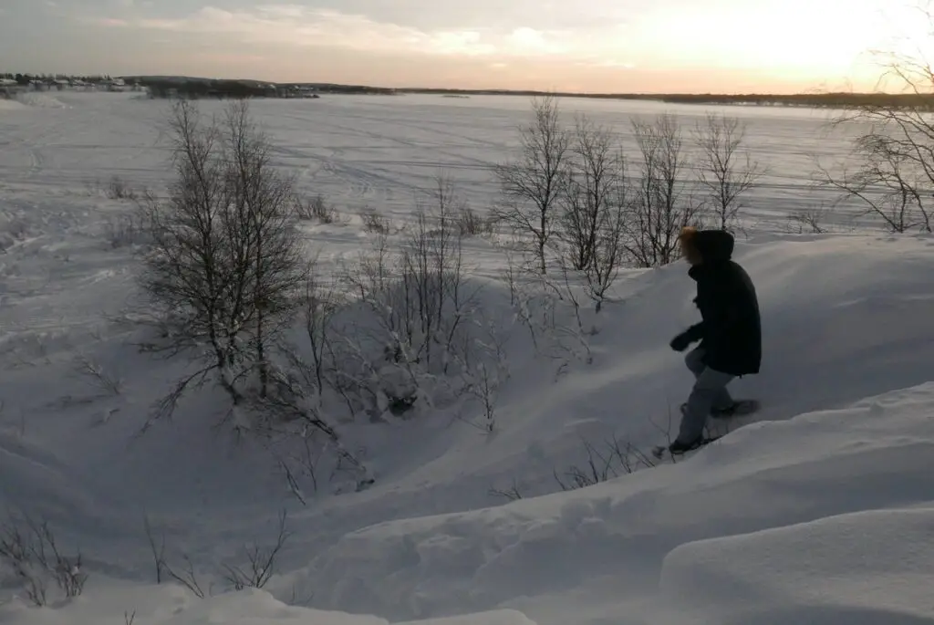 Descente dans une pente enneigée en raquette à neige