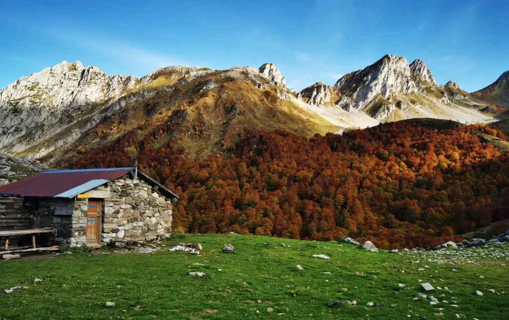 Vue depuis un refuge de montagne sur les sommets environnants et la forêt aux couleurs automnales.